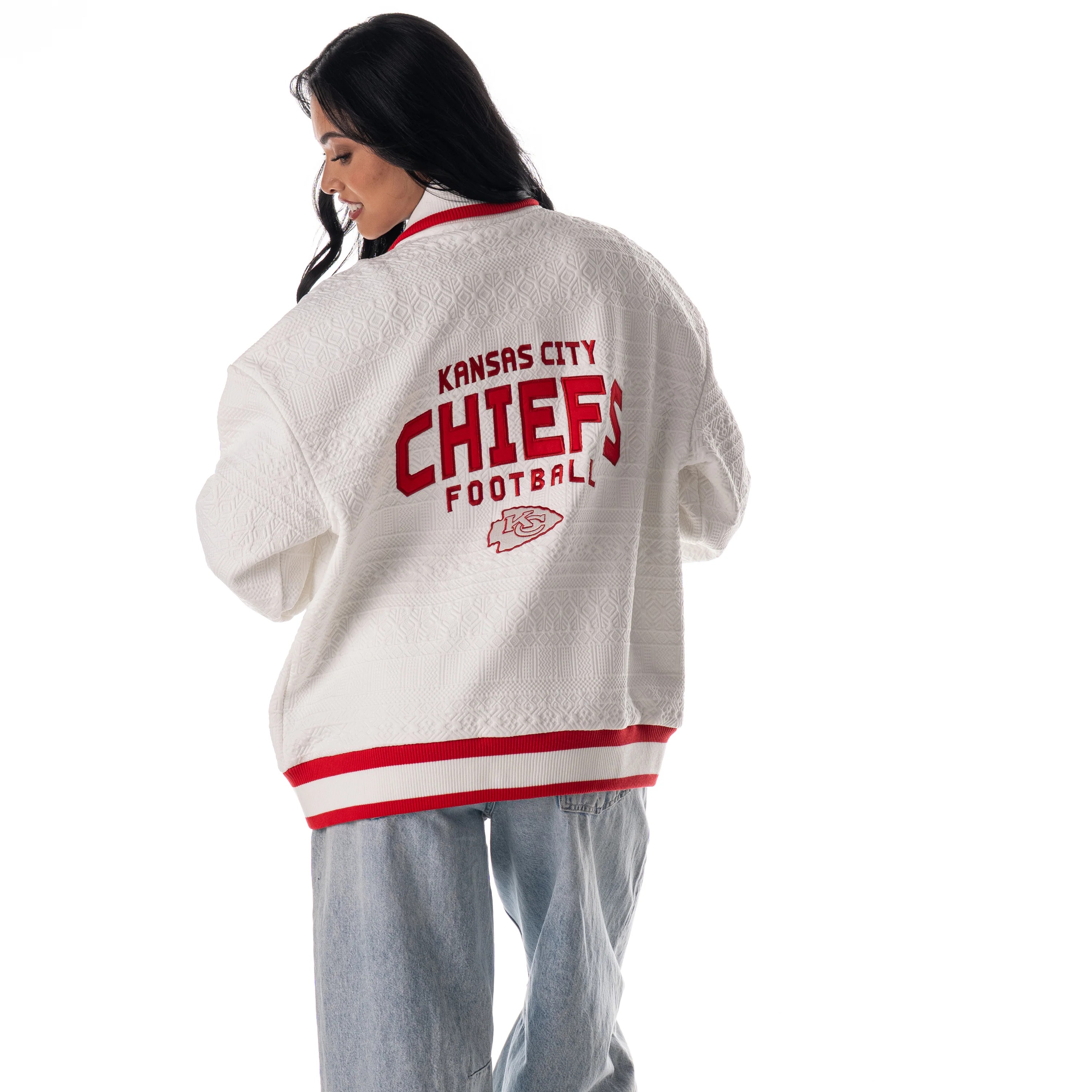 Kansas City Chiefs Unisex Embossed Cable Knit Bomber - Vintage White - Image 4