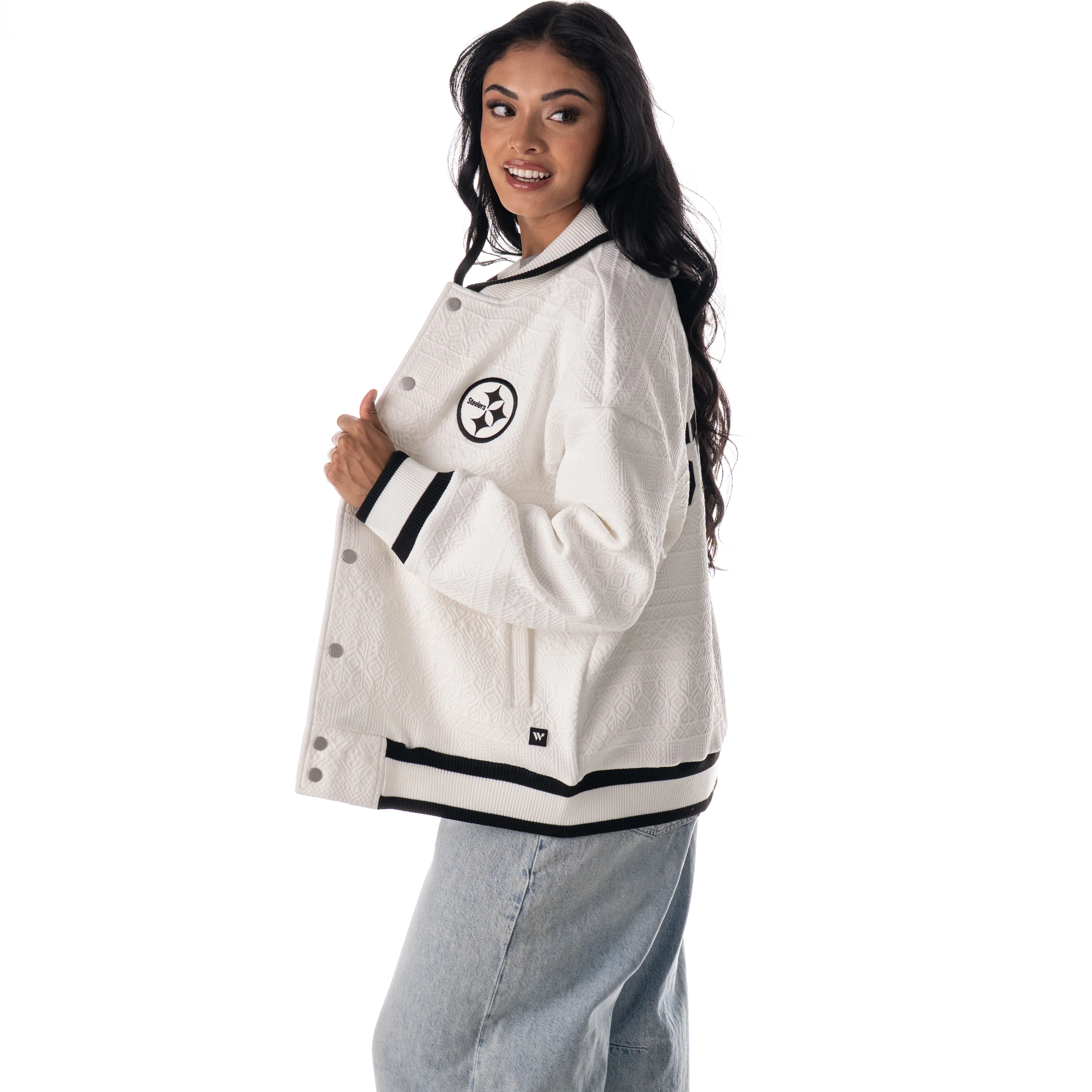 Pittsburgh Steelers Unisex Embossed Cable Knit Bomber - Vintage White - Image 3