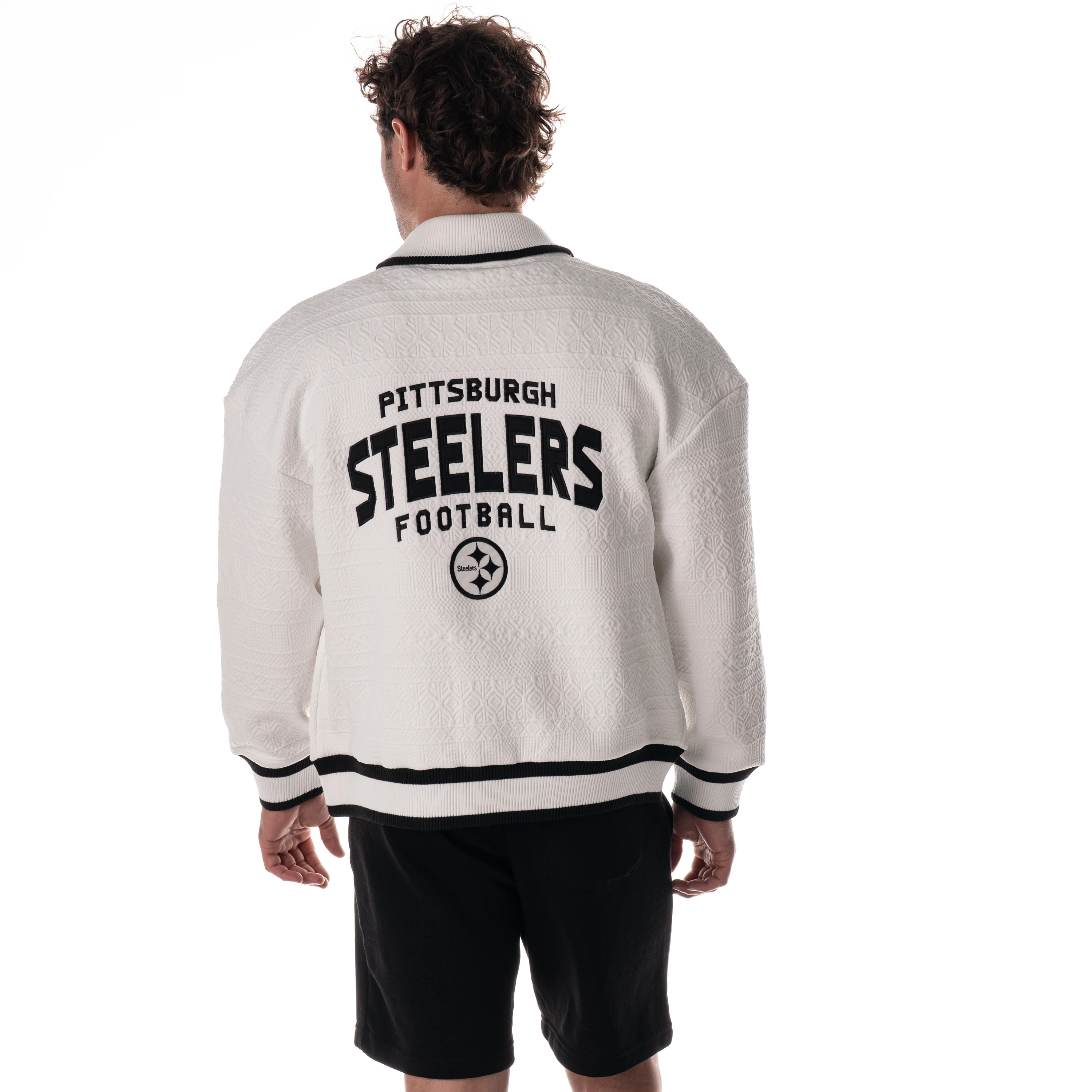 Pittsburgh Steelers Unisex Embossed Cable Knit Bomber - Vintage White - Image 4