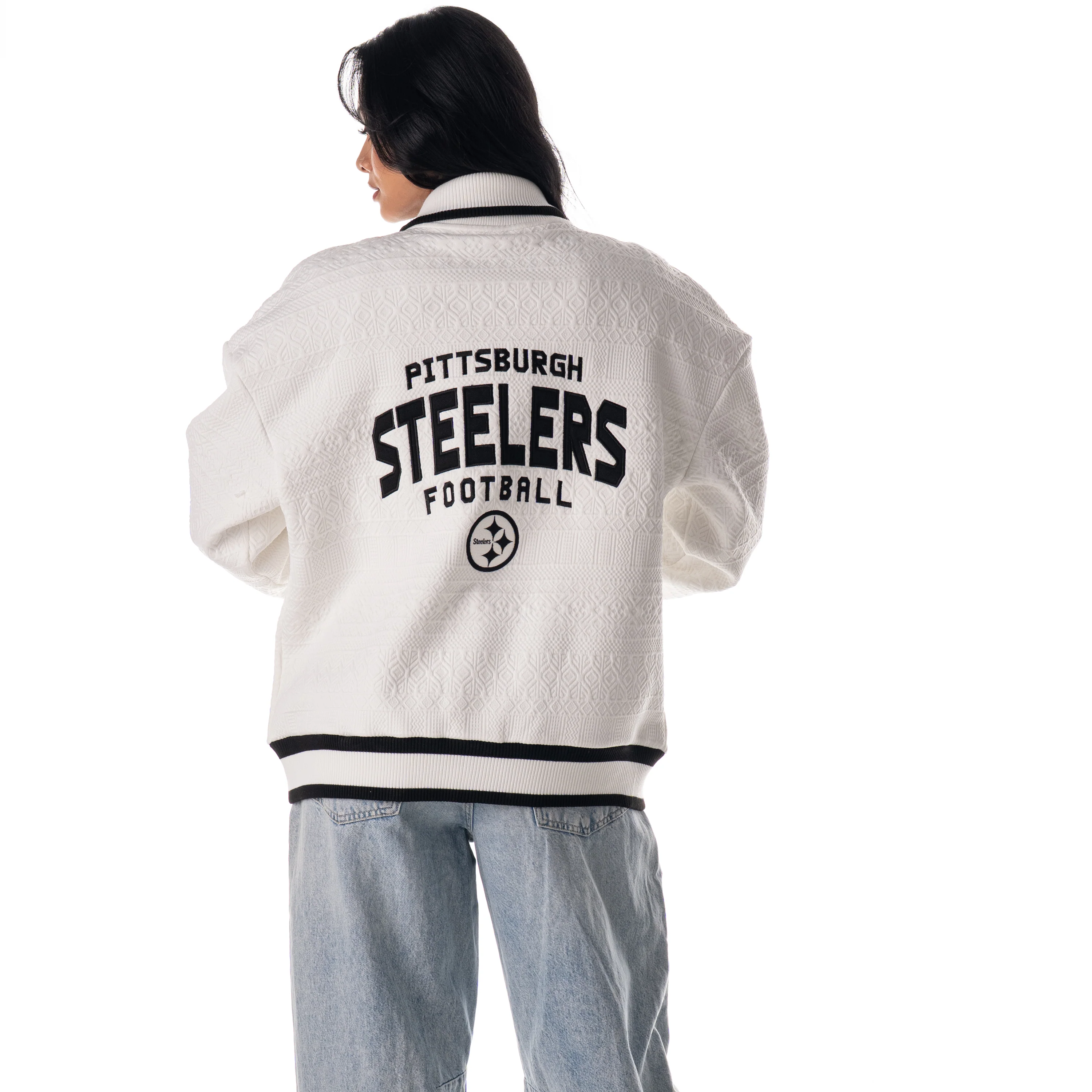 Pittsburgh Steelers Unisex Embossed Cable Knit Bomber - Vintage White - Image 5