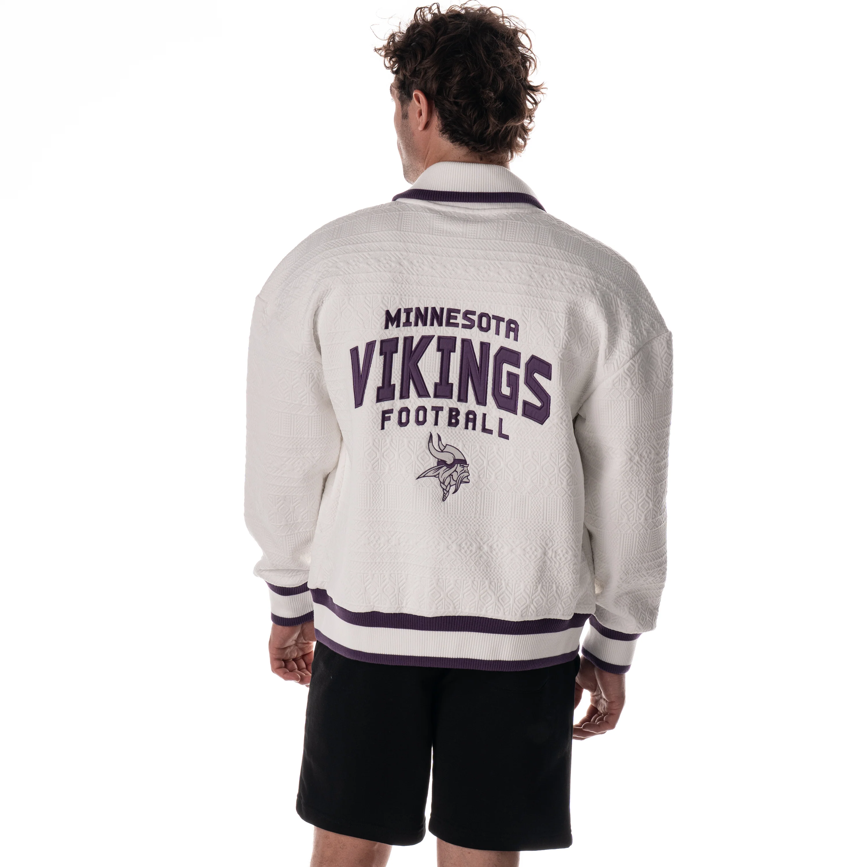 Minnesota Vikings Unisex Embossed Cable Knit Bomber - Vintage White - Image 3