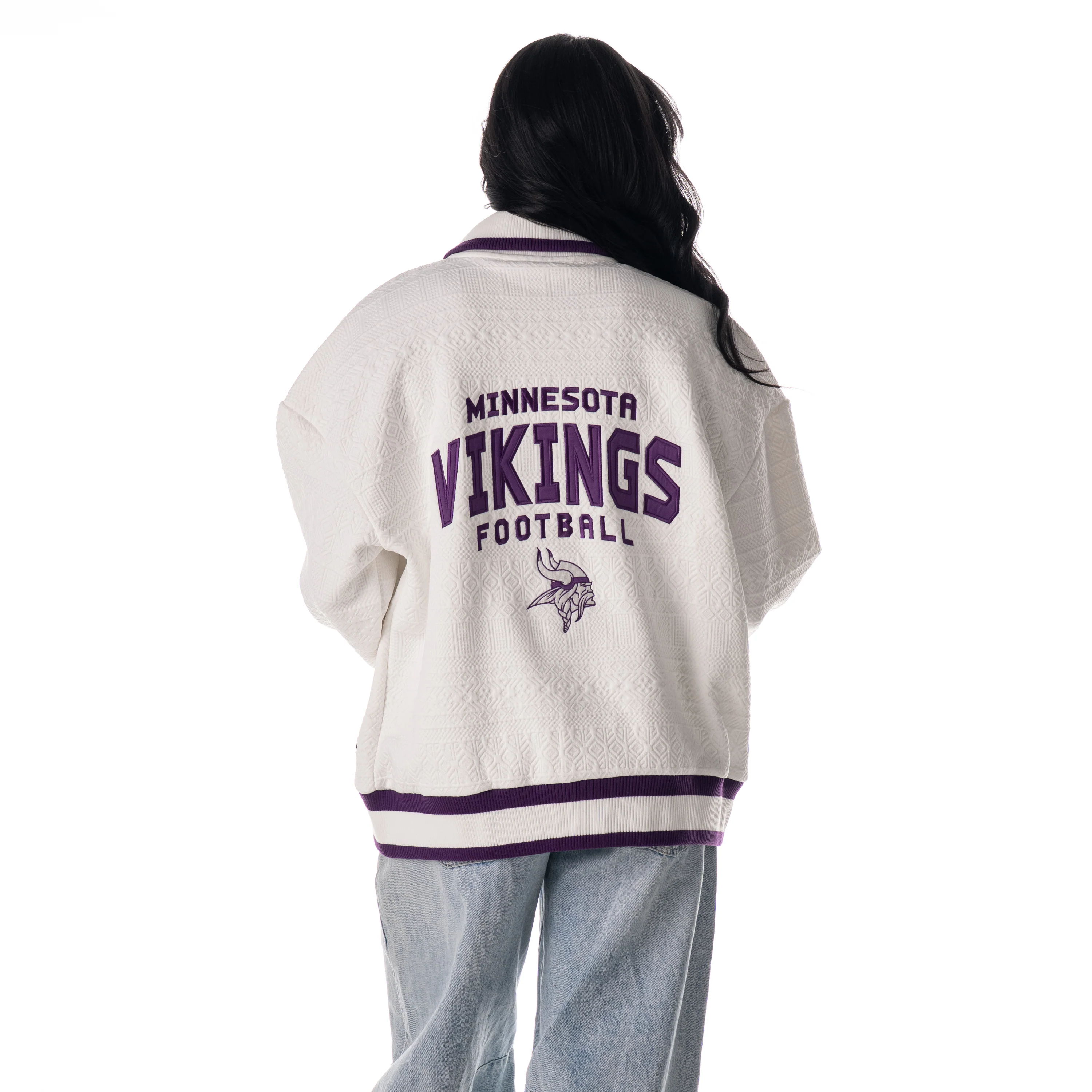 Minnesota Vikings Unisex Embossed Cable Knit Bomber - Vintage White - Image 4