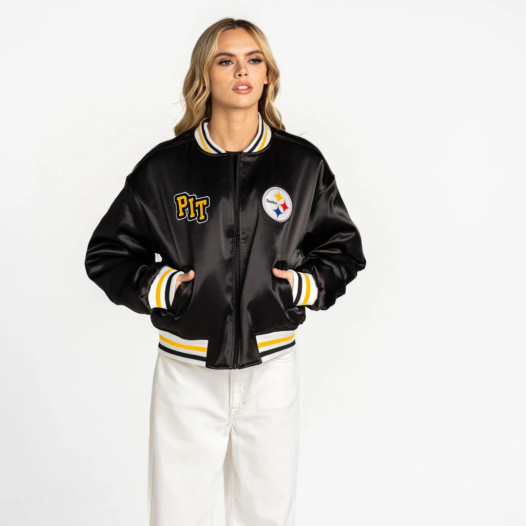 Pittsburgh Steelers Women’s Satin Bomber - Black - Image 3